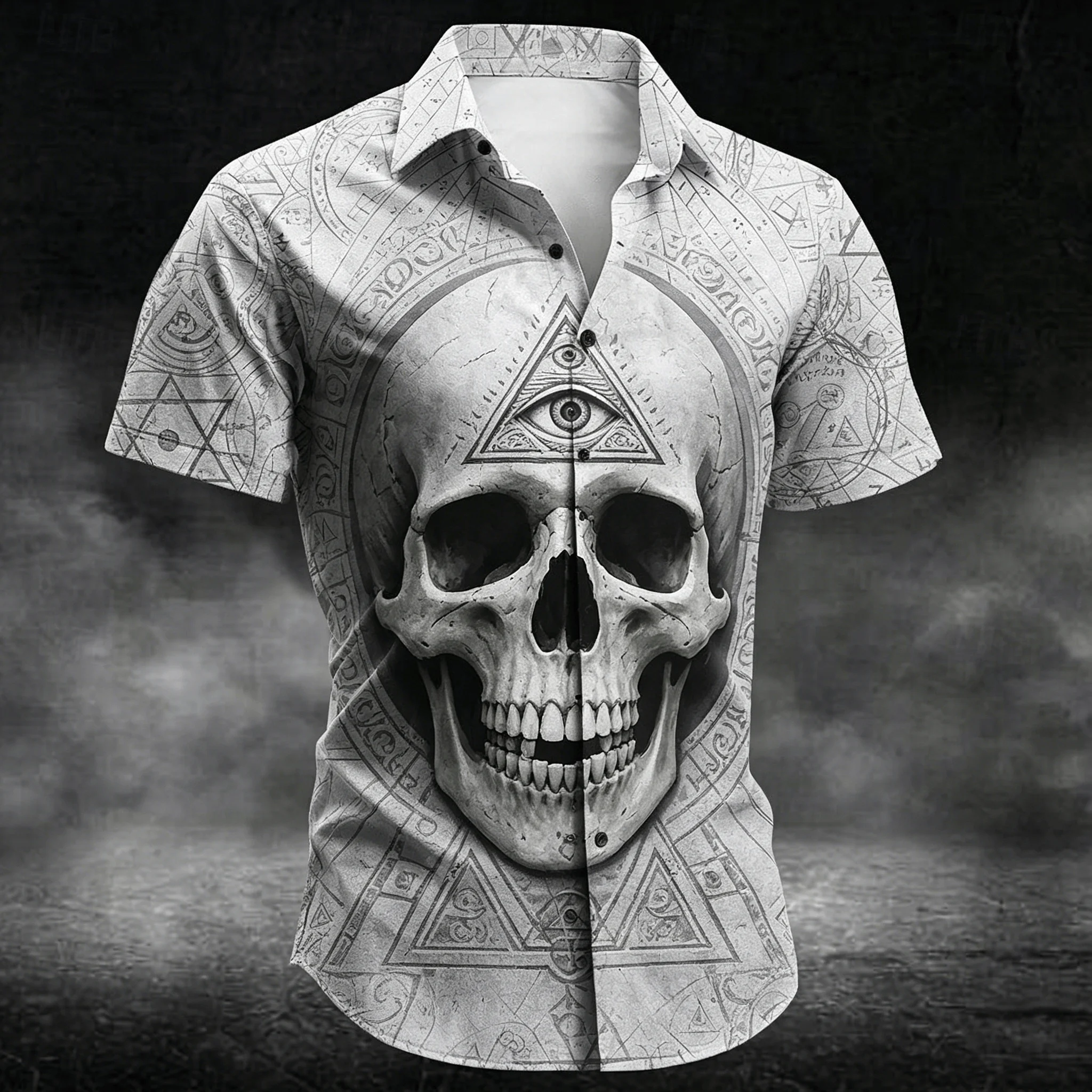 

Men's Skull All-Seeing Eye Mystic Symbol Print Shirt, Gothic Occult Style for Spring and Summer, Beach Vacation Casual Wear