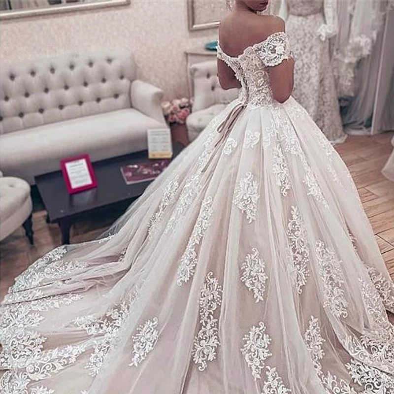 Vestido de fiesta de princesa, para boda, hombros descubiertos, apliques de encaje, coda reale, abito da sposa retrò palazzo.