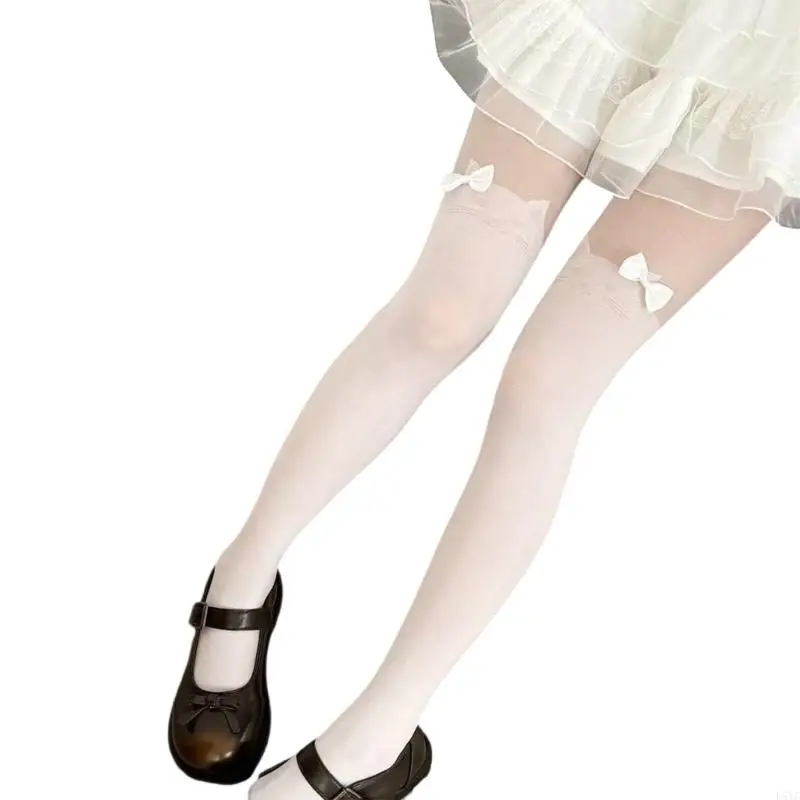 

L5YC Women's Cats Print Tights Stockings with Bows Accent Mock Thigh High Pantyhose
