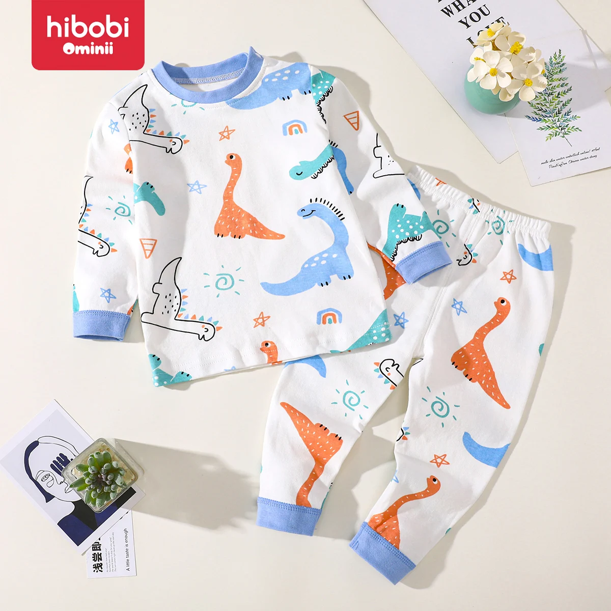 hibobi 2PCS Autumn Winter Boys' Long-Sleeved Pure Cotton Cute Dinosaur Print Round Neck Long-Sleeved Home Clothes Set For Boys