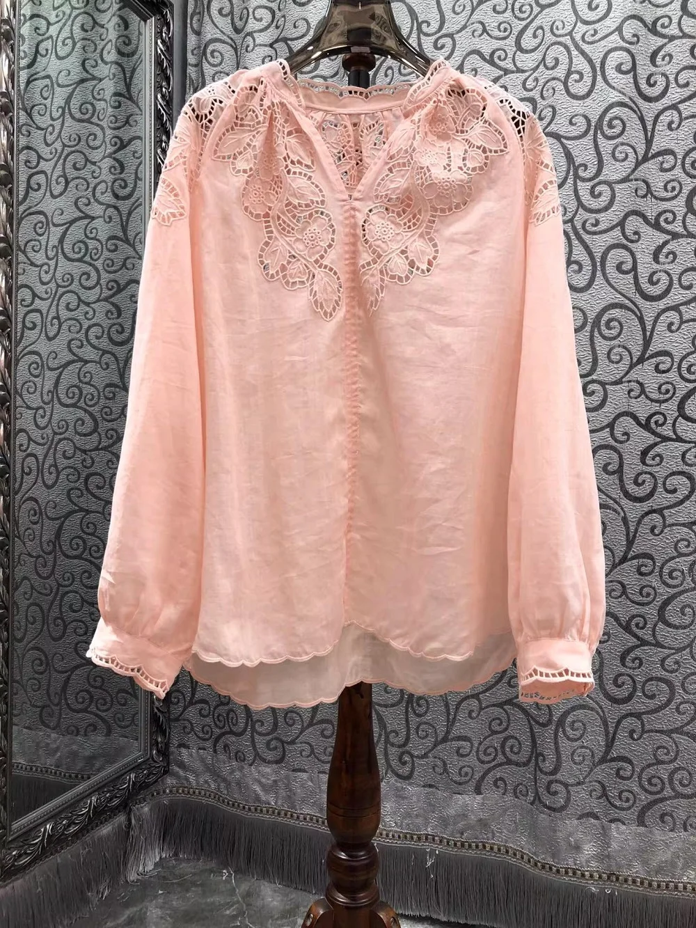 

100%Ramie Blouses 2026 Spring Fashion Design Women Sexy V-Neck Hollow Out Embroidery Patchwork Long Sleeve White Pink Loose Tops