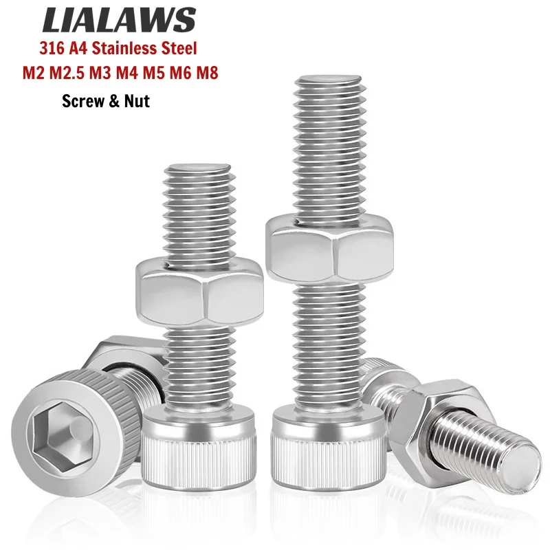 316 A4 Stainless Steel Allen Hex Socket Head Cap Screw Bolt Hex Nut Set M2 M2.5 M3 M4 M5 M6 M8 M10 DIN912 Full Thread 4-150mm