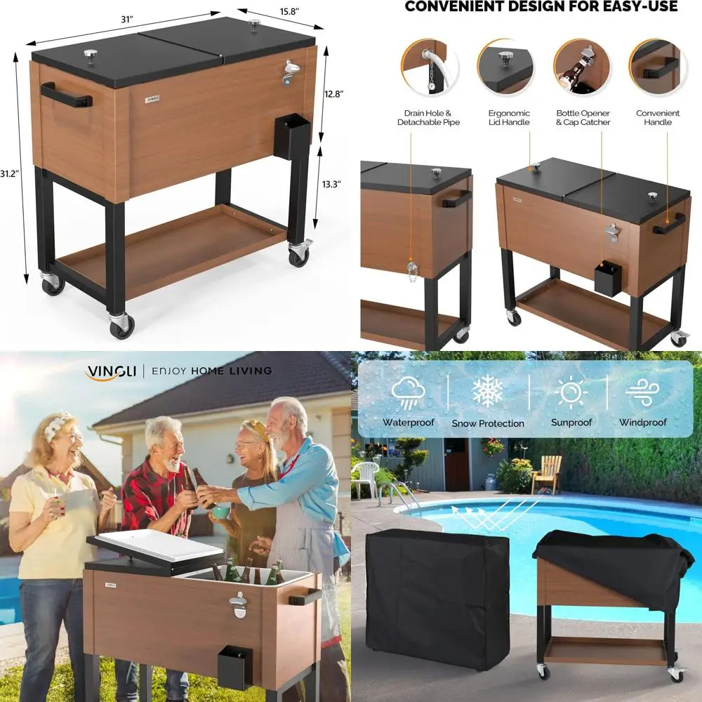 

Портативная тележка-холодильник на колесах объемом 80 кварт для вечеринок на открытом воздухе и хранения напитков