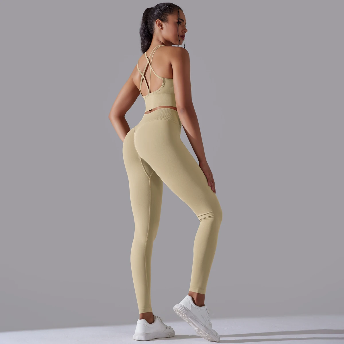 Gebürstetes Yoga-Set für Damen, 2-teilig, Workout, Sportbekleidung, überkreuzter Rücken, Sport-BH, hohe Taille, Leggings, Fitnessstudio, Kleidung, Sportanzüge – Detail 37