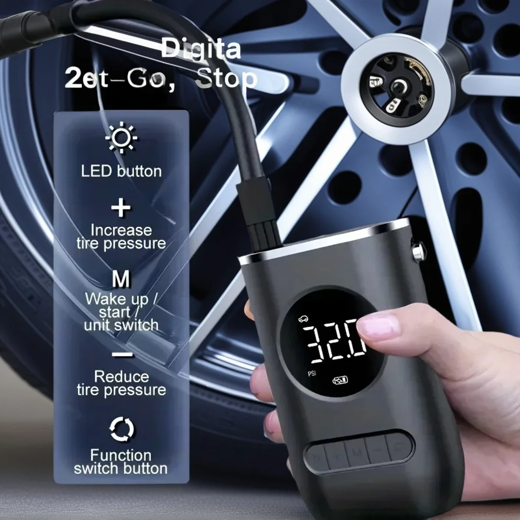 

Portable Mini Electric Tire Pump - Wireless Digital Display Handheld Inflator for Motorcycle Ball Tire