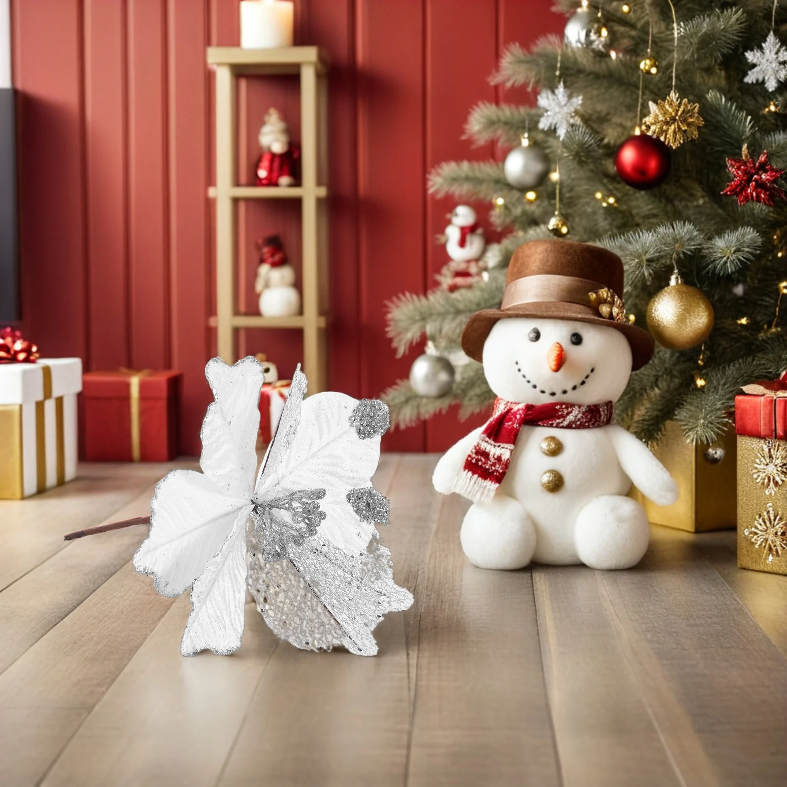 

6pcs Artificial Christmas Flowers Christmas Tree Poinsettia Glitter Picks Festive Home Decor Xmas Party Decoration