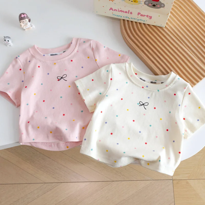 

Girls' Short SleeveTT-shirt2025New Children's Short Sleeve Polka Dot Top Polka Dot Baby Summer Outfit Simple and Easy to Wear To