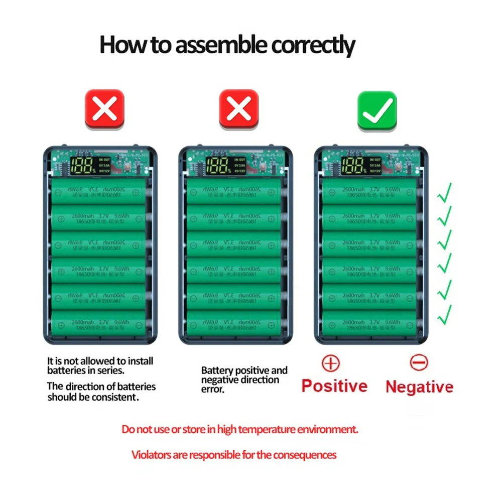 

A02R 6X18650 Battery Charger Box Power Bank Case 18650 Battery Charging Box for Mobile Phone Charge, Standard Charge Black