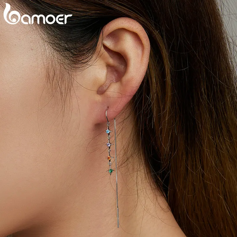 Bamoer 925 Sterling Silver Starry Colored Zirconium Ear Threads for Women Long Tassel Earrings Fine Jewelry Beach Party Gift