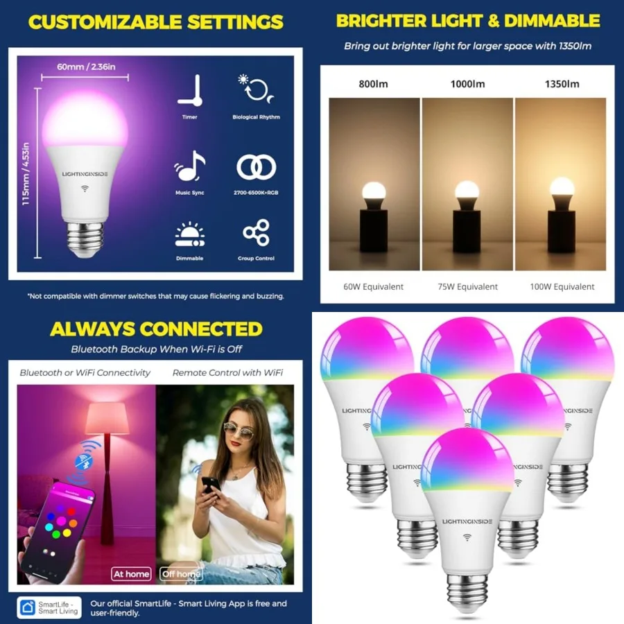 

Smart Light Bulbs 100W Equiv., 1350LM 11W Smart Bulb Works with Alexa/Google Home/SmartLife, A19 E26 RGBCW Color Changing, No H