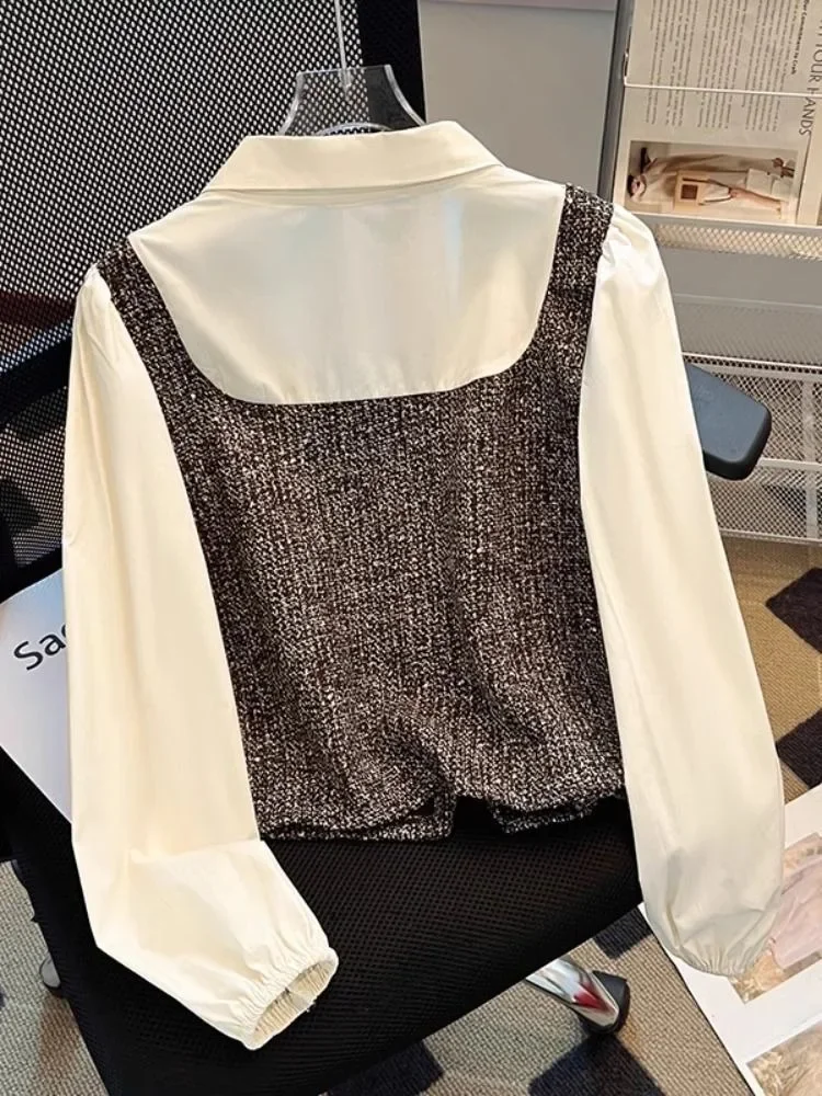 Chemises deux pièces en Patchwork pour femmes, Y2k, e-girl, manches longues, amples, à la mode, assorties avec tout, chemisiers à simple boutonnage