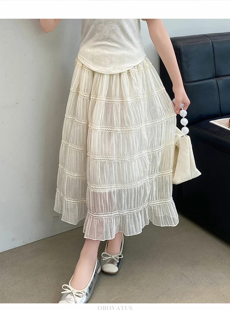 Langer weißer Spitzenrock für Mädchen, Teenager-Sommer-Tierock, Kinderkleidung mit hoher Taille, einfarbige Sommeroutfits für Kinder 5 7 9 13 14 – Detail 7