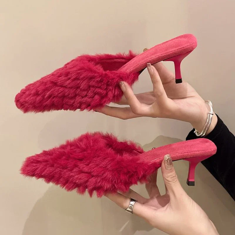 Fur Women High Heels Shoes Pointed Toe Fashion Sexy Slippers New Designer Party Dress Pumps Luxury Zapatillas Mujer