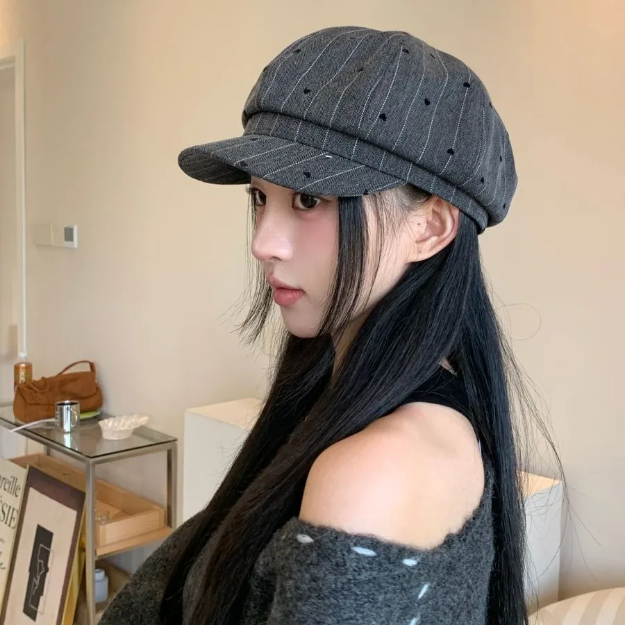 

New octagonal hat women's high sense of love embroidery versatile hat summer literary retro striped newsboy painter hat