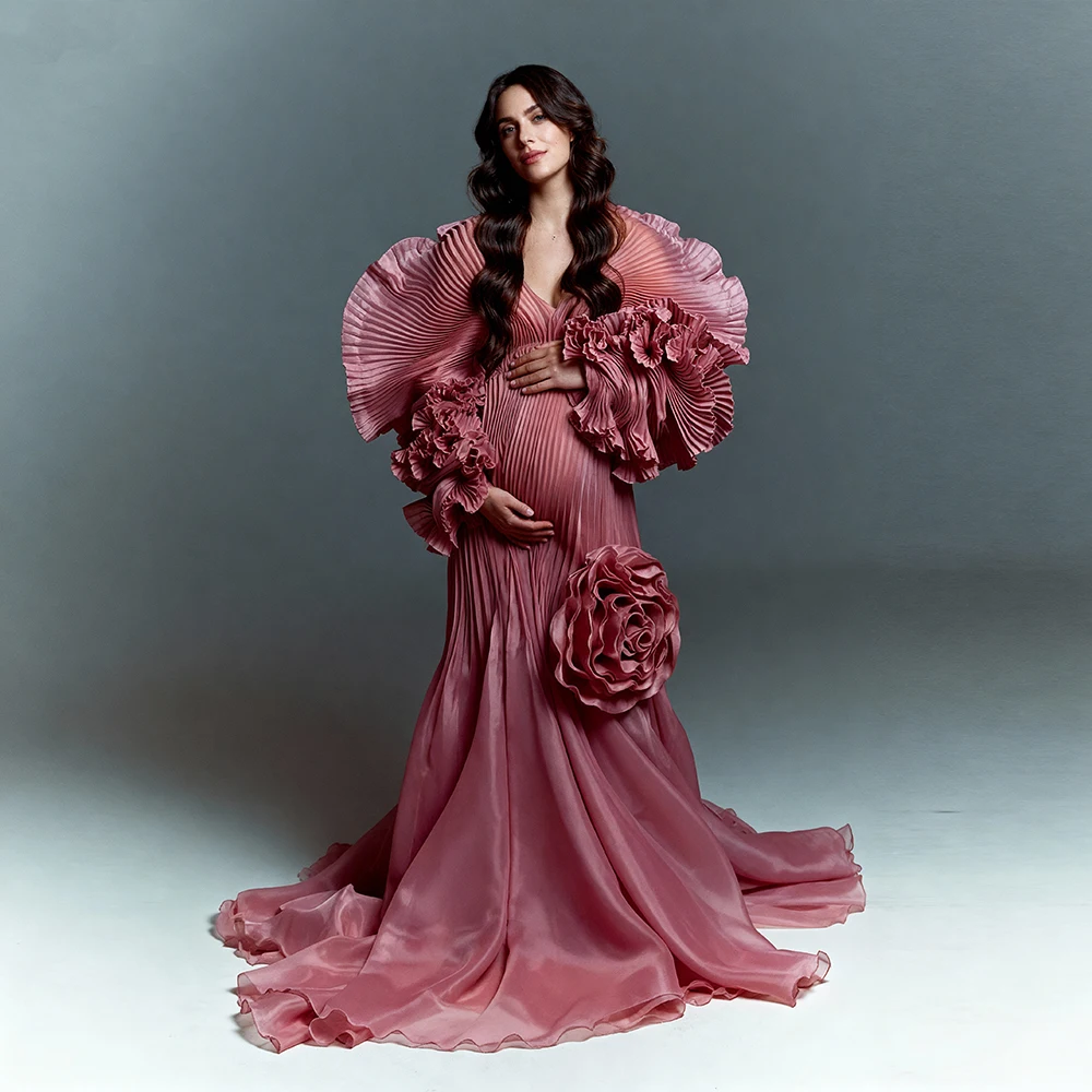 

Handmade 3D Flower Pleated Organza Pregnancy Photo Shooting Dress for Photoshoot Maternity Clothing Baby Shower Dresses