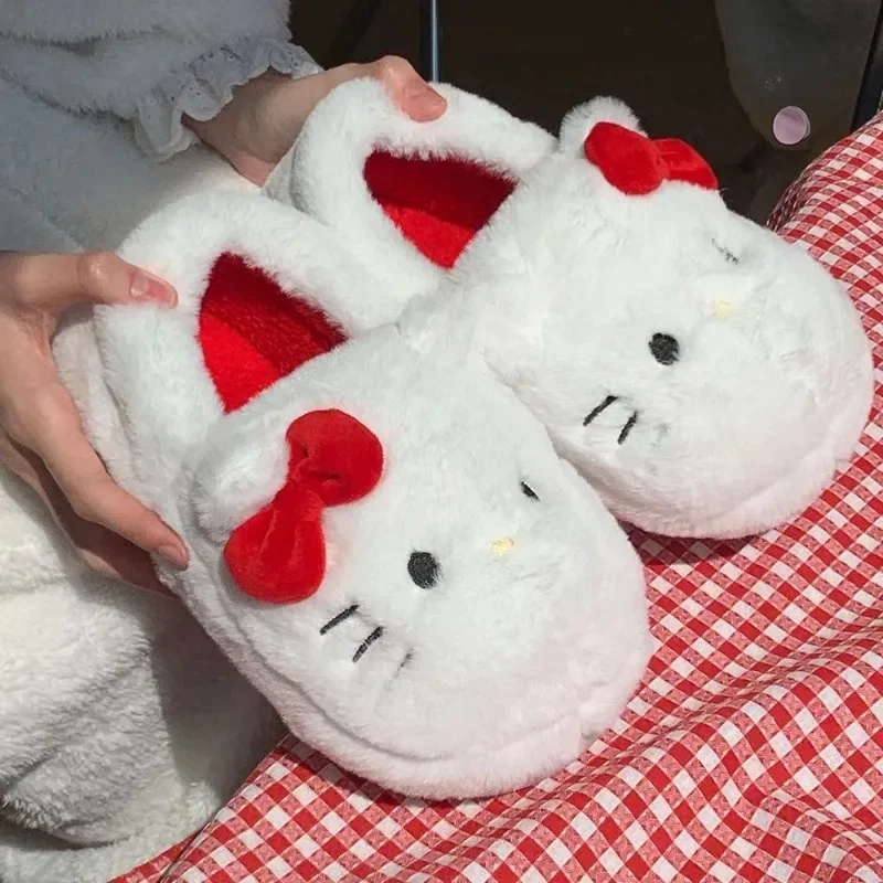 Cartoon Sanrio Hello Kitty Pluche Slippers Leuke KT Kat Y2K Indoor Warm Casual Antislip Katoenen Schoenen Winter Meisjes Thuis Schoenen Cadeau