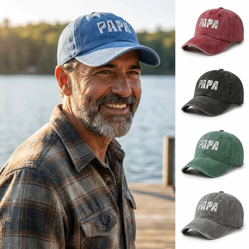PAPA Letter Embroidery Fishing Hook Hat Washed Cotton Adjustable Dad Hat Distressed Curved Brim Cotton Baseball Hat