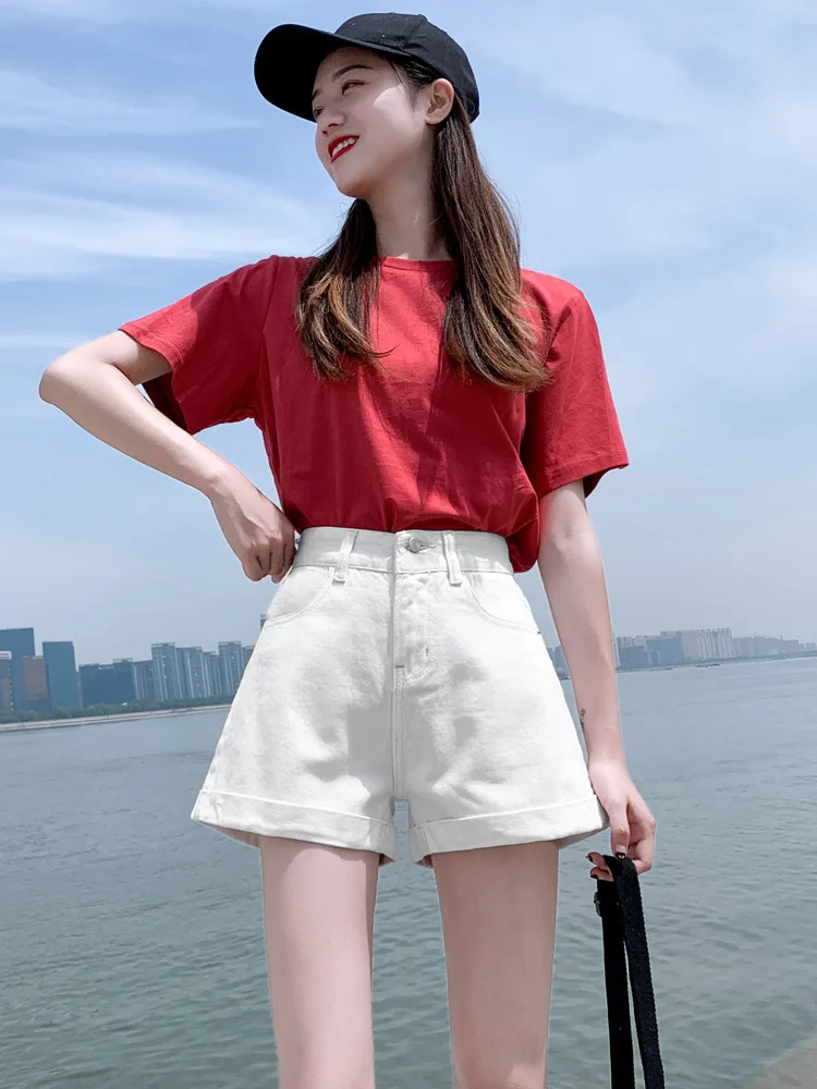 Summer 2023 Women's High Waist Denim orts Casual Wide Leg Hot Pants Deep Blue Color ort Length Jeans orts for Young Ladies