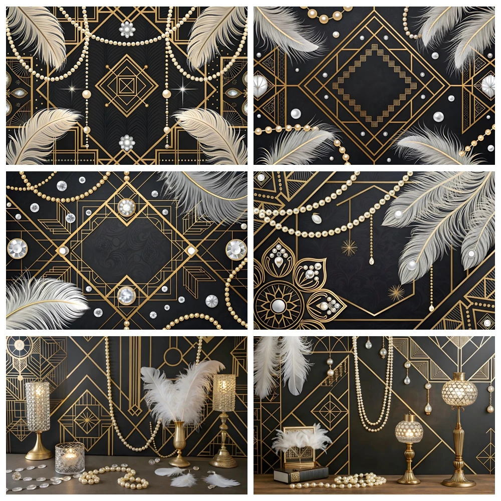 Boho Black Gold Abstract Lines Photography Backdrop Feather Pearl Art Pattern Wall Birthday Wedding Party Decor Photo Background