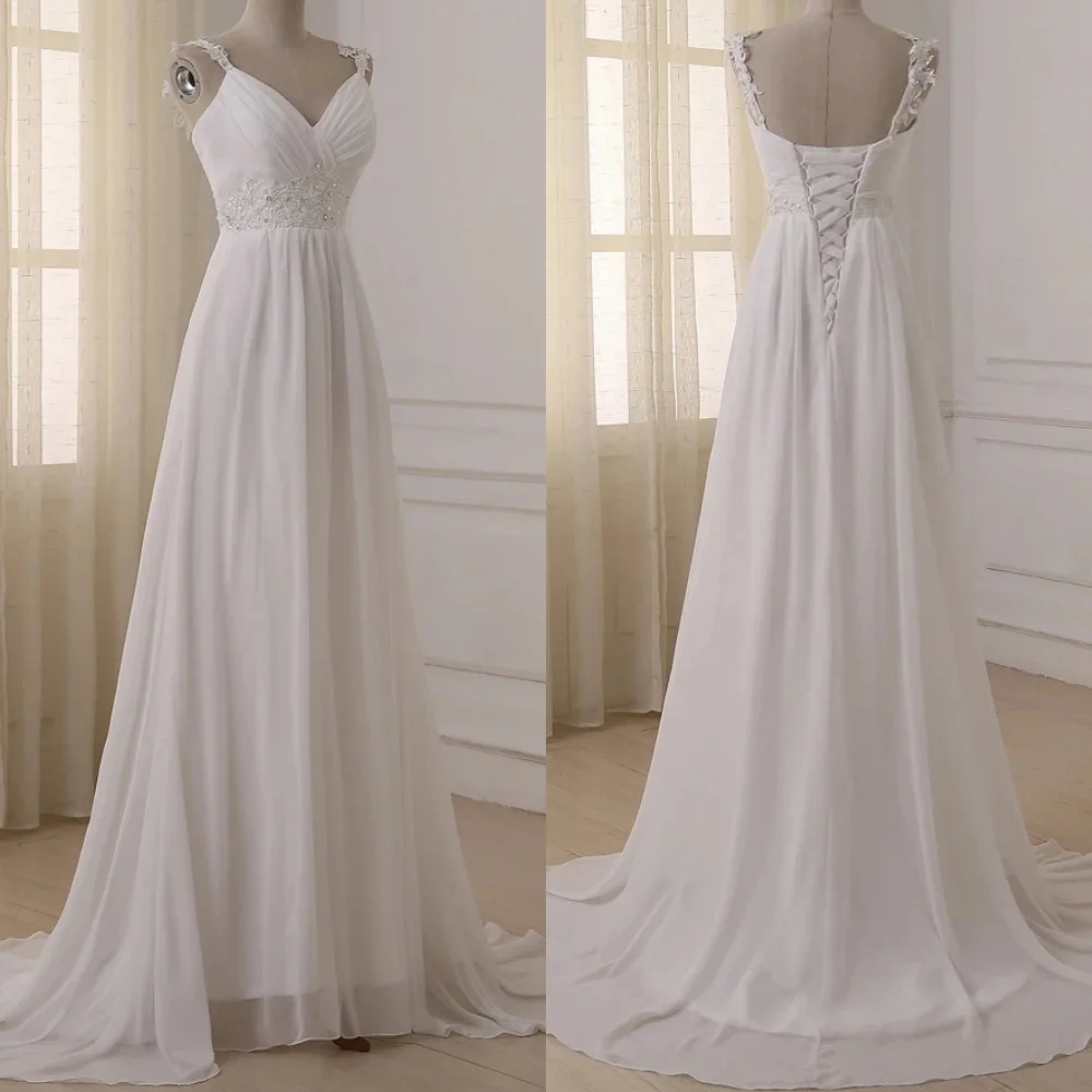

Customized Exquisite Luxury Temperament Charming Romantic Wedding Dress White Chiffon Applique A-line V-neck Long Dresses