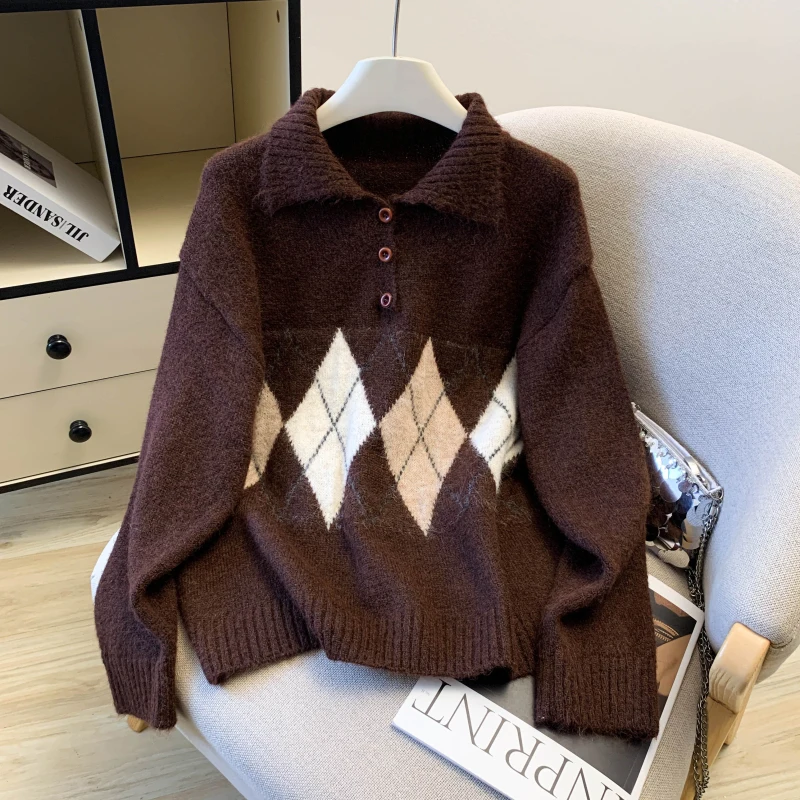 المرأة الأبيض بولو الرقبة فحص البلوز سترة 2000s خمر الكورية نمط طويلة الأكمام مريحة سترة الكشمير المعنقة لملابس حريمي #3