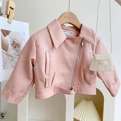 Spring Autumn New Motorcycle Girls Leather Jacket Short Style Lapel Handsome Zipper Coat For 2-8Y Kids Fashion Pu Outerwear