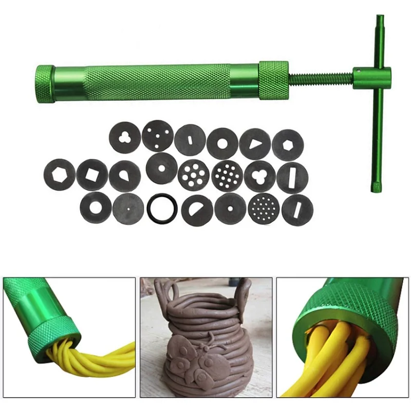 Clay Extruder Gun with 20 Tips Sugar Paste Extruder Cake Decor Tools, Stainless Steel Rotary Crowded Mud Clay Extruder Craft Gun