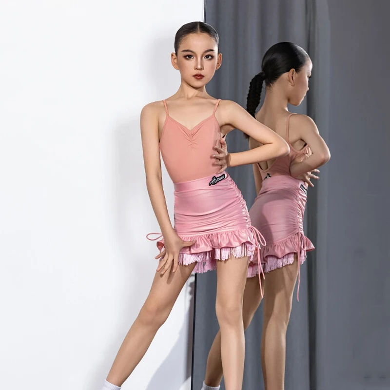 

New Girls Latin Dance Costumes Performance Pink Jumpsuit Tassels Skirt Split Suit Chacha Rumba Tango Latin Dance Wear DN20684