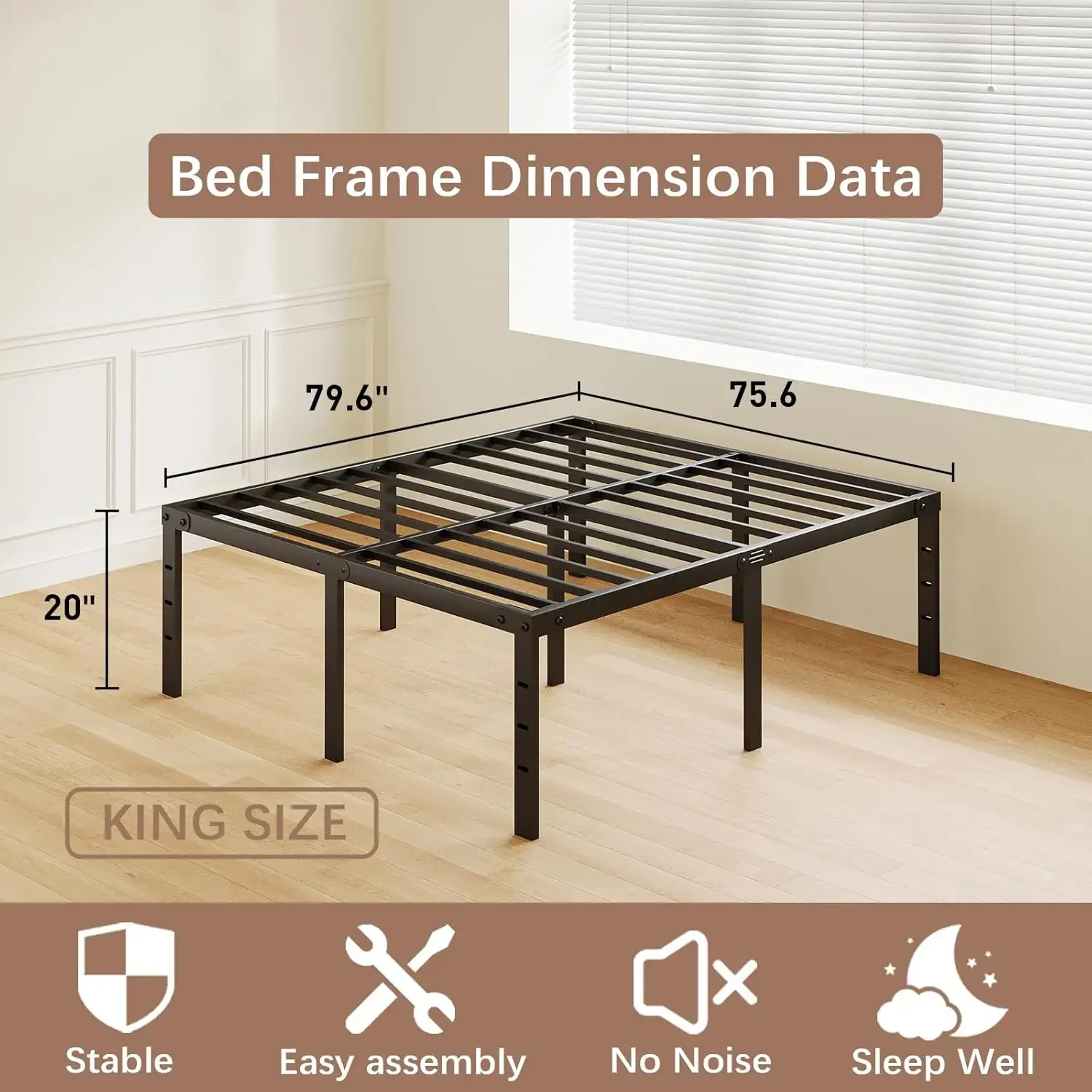 Bed Frame No Box Spring Needed, Heavy Duty Tall Metal Platform with Large Storage Space, Easy Assembly Strong Beari