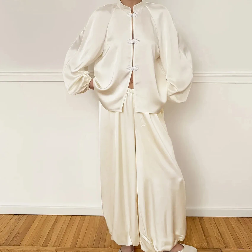 HiLoc Apricot Casual Loose Woven Inelastic Pajamas 2 Piece Suit Long Sleeves Medium Collar Single-Breasted Top Full Length Pants