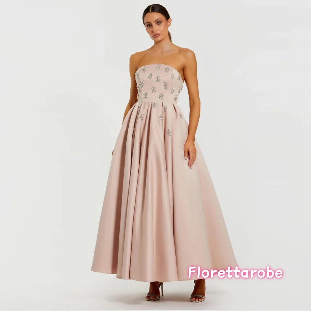 

Customized Fashion A-line Evening Dresses Ankle-length Strapless Sleeveless Prom Gown Crystal Simple Draped Backless Party Gown