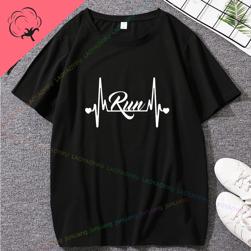 Run Men's Clothing 100% Cotton Funny Gifts Running Heartbeats Oversized T-shirt Runer Man Clothes Unisex Short Sleeve Tee Y2k