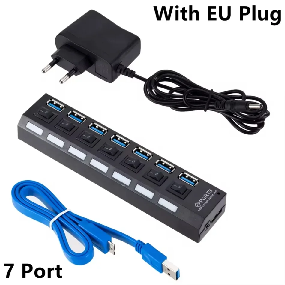 USB-Hub 3.0 Multi-USB-Splitter Netzteil 4/7 Port Mehrfach-Erweiterung 2.0 mit Schalter für PC Laptop Zubehör