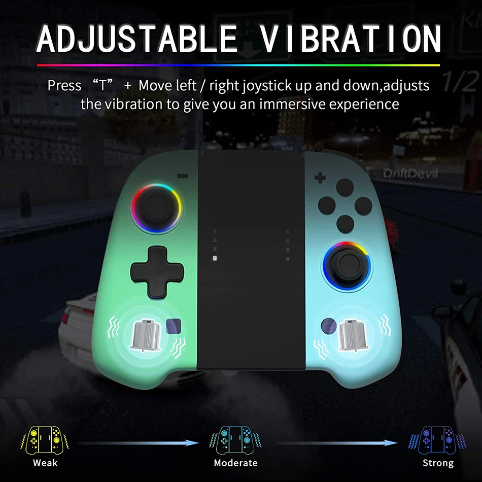조이패드 스위치 컨트롤러, 터보 지원, 조정 가능한 진동 및 LED 조명, 그립 스탠드 포함