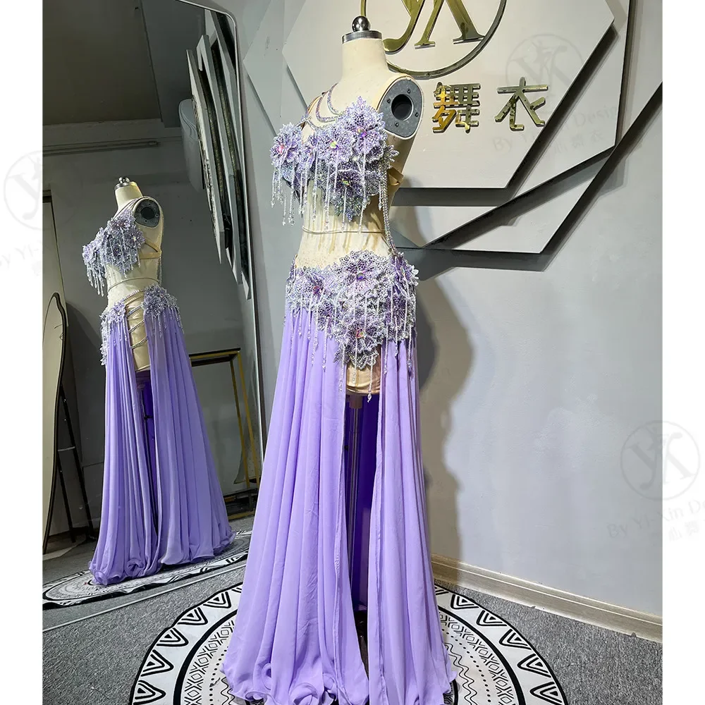 Women's Lavender Belly Dance Costume Set, 3D Floral Beaded Fringe Top & Split Skirt, Professional Stage Performance Outfit