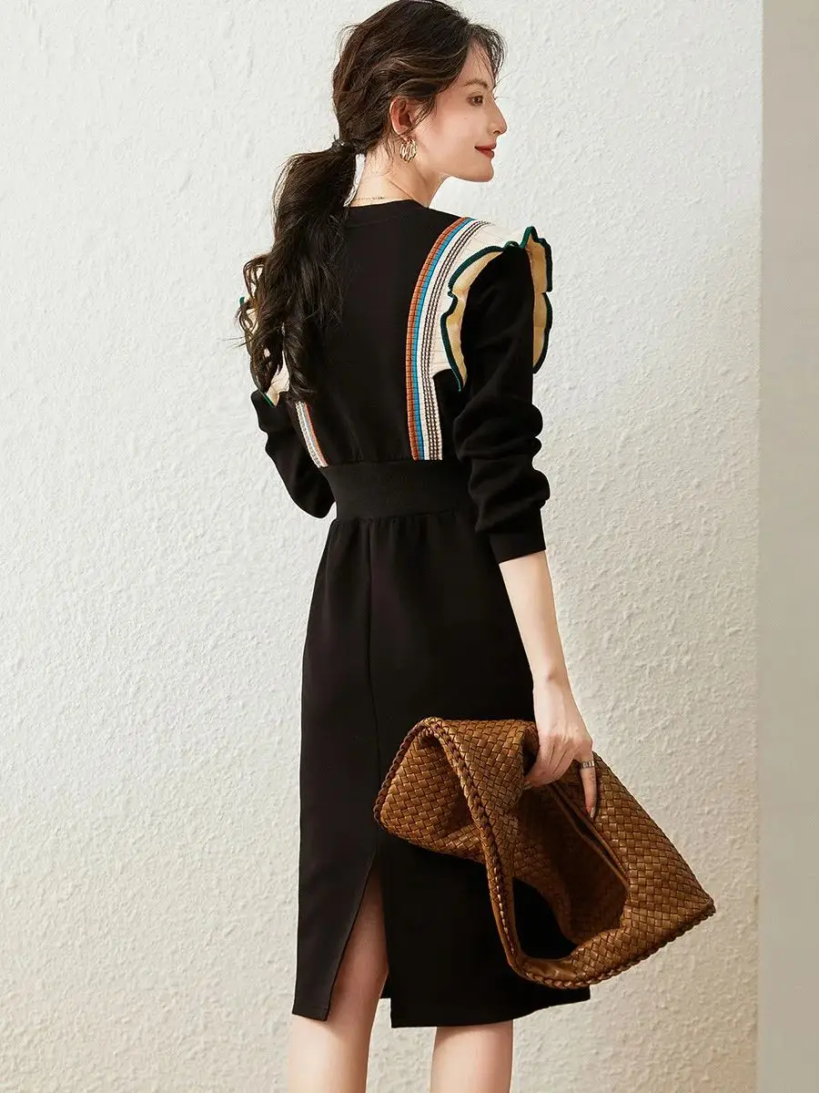 LOUIS YAO Women Color Block Ruffle Edge High Waist Sweatshirt Dress 2023 Autumn Fashionable O-Neck Commuter Style