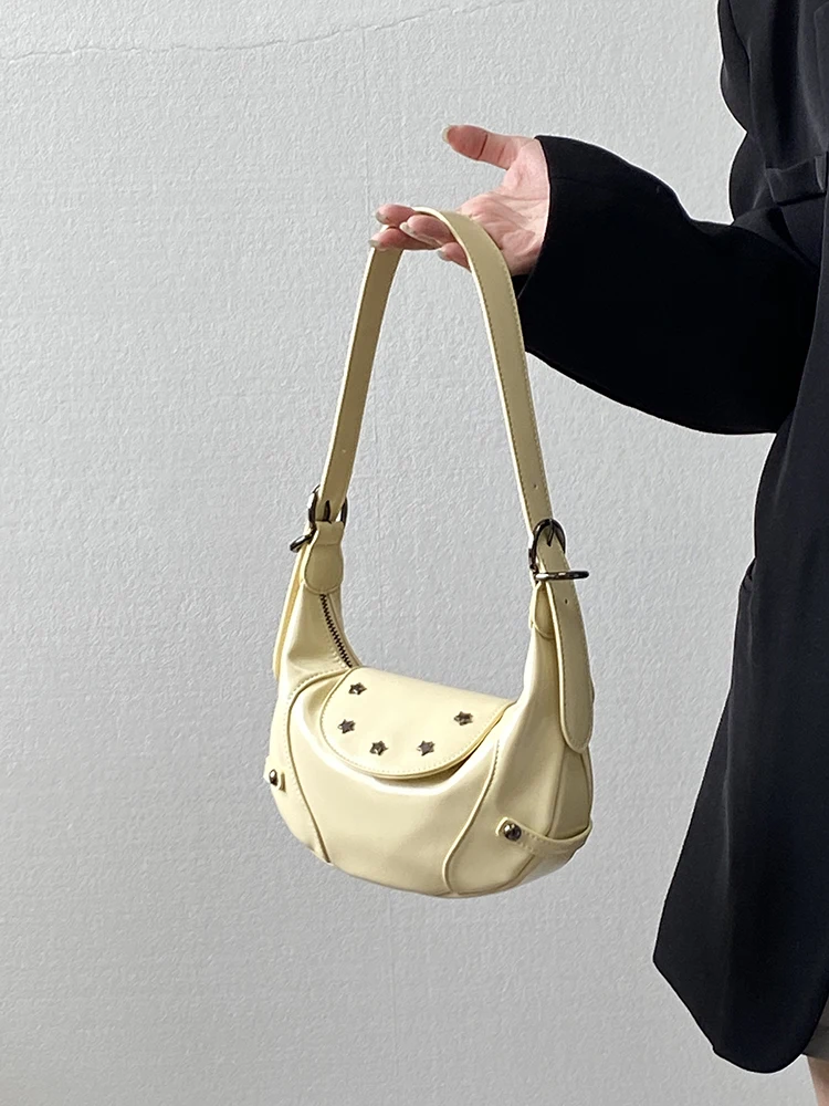 

Women Fashionable Shoulder Bag with Rivets Light Yellow Dumpling Shape Leather Solid Color Versatile Underarm & Crossbody Bag