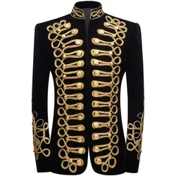 Blazer de traje de terciopelo bordado para hombre, ropa de escenario de banquete de fiesta para cantantes, blazer hecho a mano de alta calidad, negro y dorado