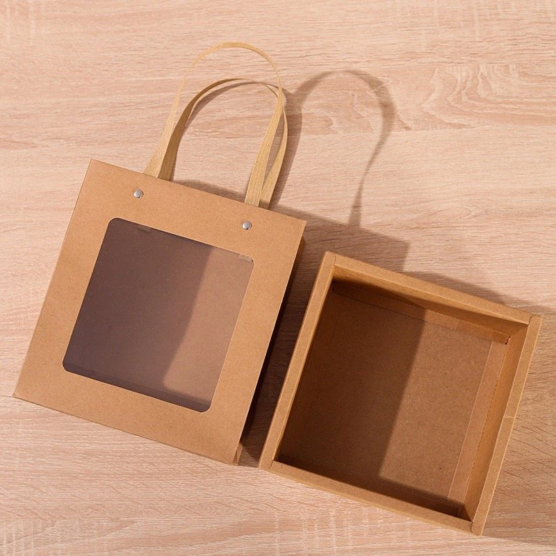 20.3×22.5×9.4 cm 5 set Black Frame Orange Window Paper Box + Bag DIY Handmade Chocolate Wedding Birthday Holiday Gift Pack