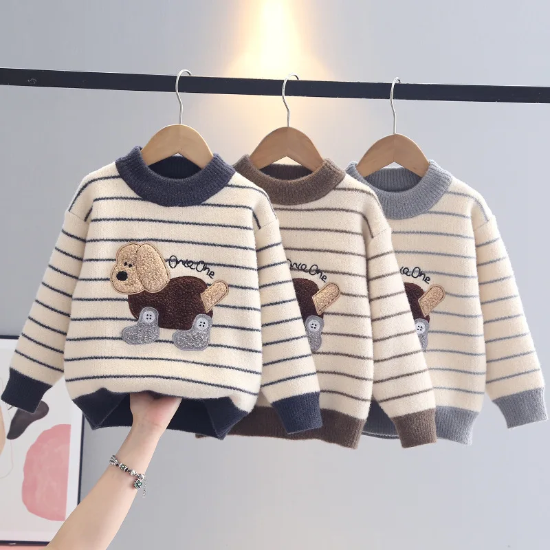 

Flocking Cartoon Dog Stripe Design Knit Pullover Full Sleeve Round Collar Sweaters Shirt for Kids Boys Handsome Knitwear