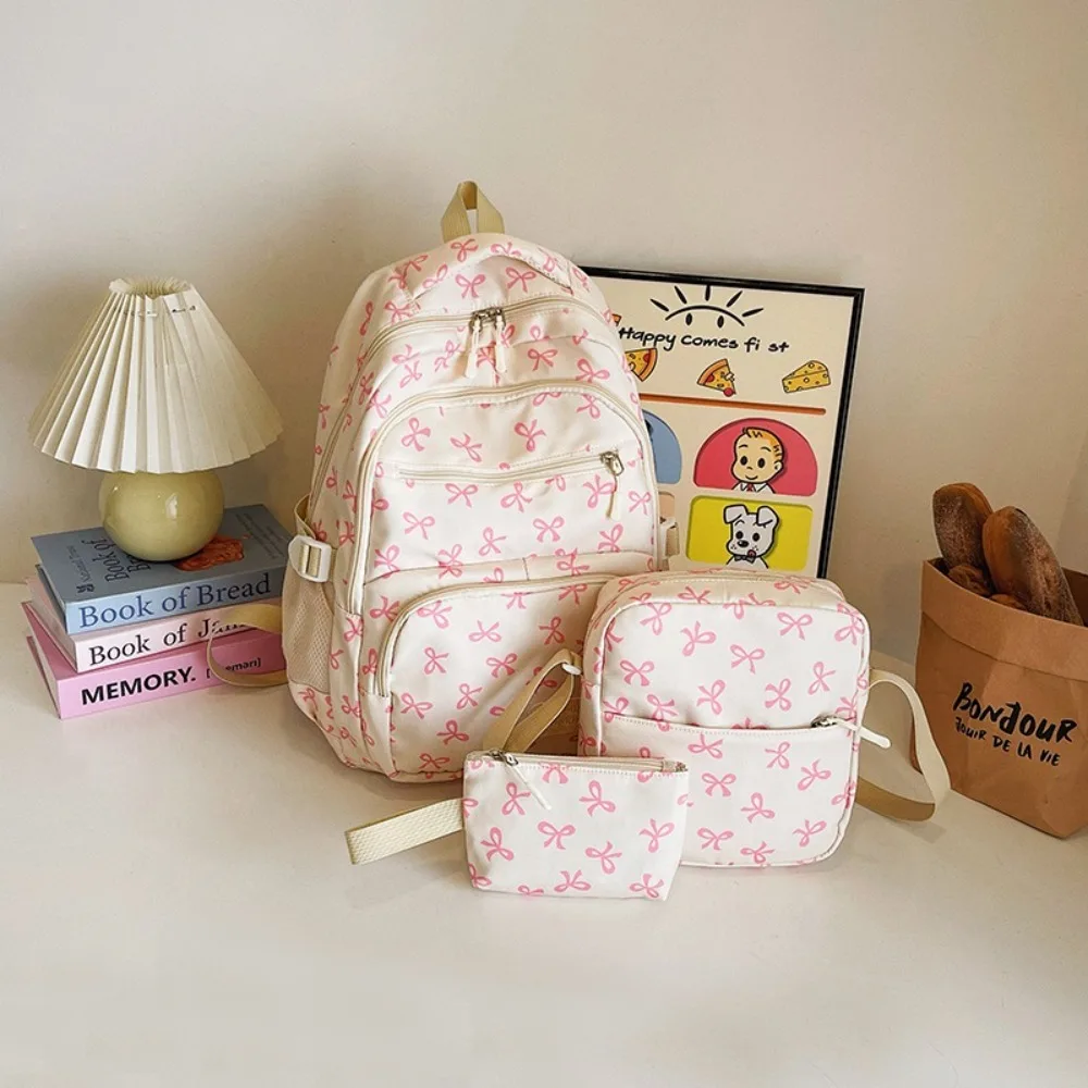 3 Pcs/Set Fashion Large Capacity Bow Backpack Nylon Bow Print Student Backpack Adjustable Strap School Bag