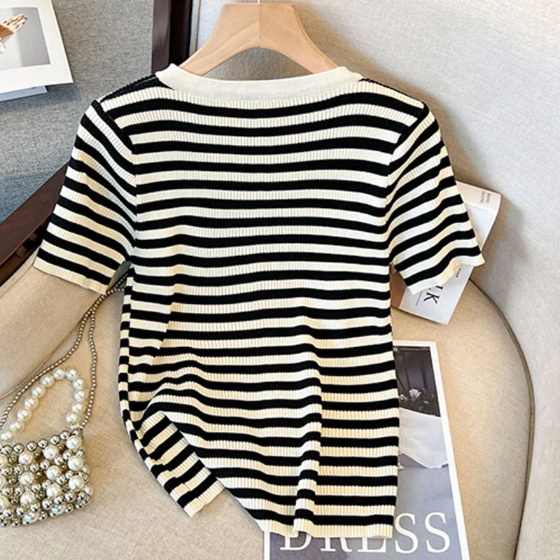 니트웨어 반팔 스트라이프 니트 스웨터 여성 풀오버 새로운 V넥 니트 스웨터 풀오버 여성 탑스 스웨터 페미니노 Q2706