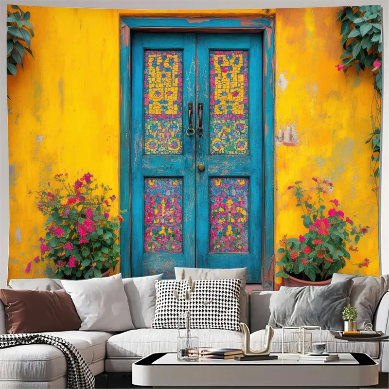 Boho Yellow Door Tapestry Wall Hanging Tropical Floral Print Vibrant Mediterranean Style Home Decor Background Mural Backdrop