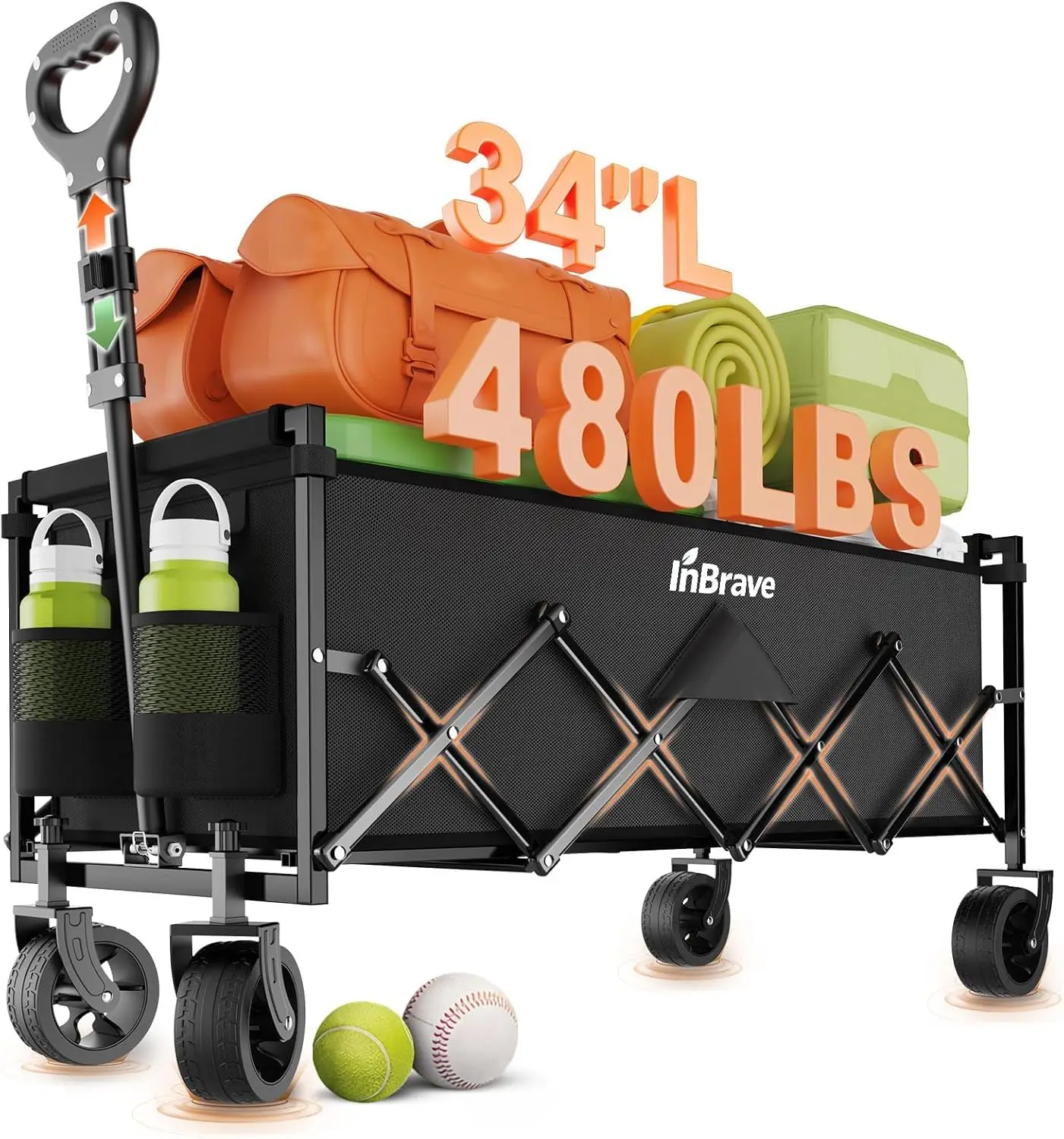 Gardening, Shopping, Beach and Camping, All-Terrain Wheels, 480LBS Heavy Duty Extra Long Collapsible Wagon Cart, Black