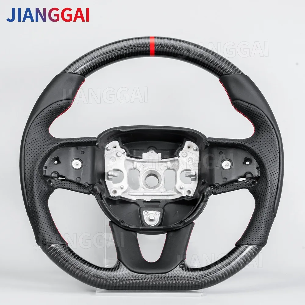 

Руль из настоящего карбона с круглой верхней частью и плоским низом, с красной линией разметки, для Dodge Challenger 2015-2024, аксессуары для спортивных автомобилей