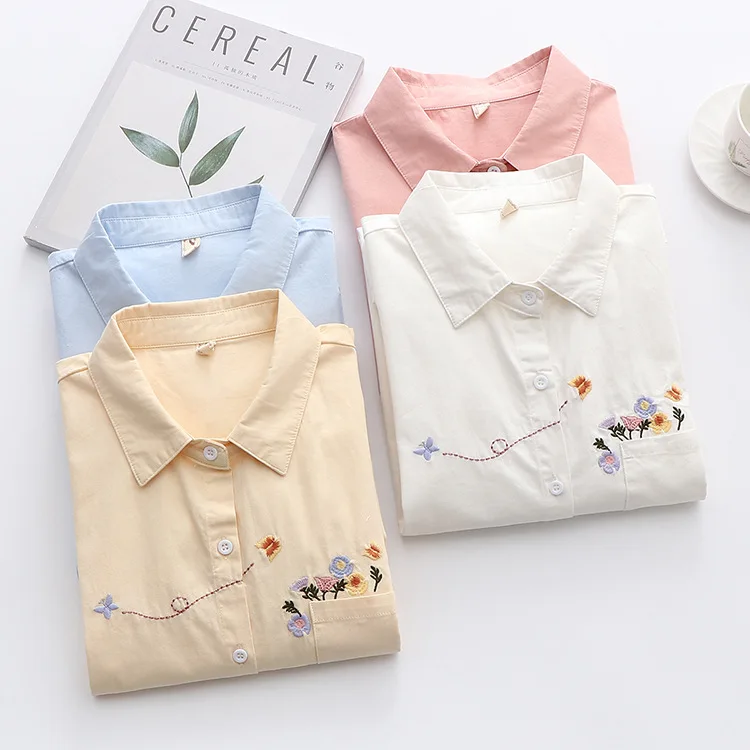 Embroidered Shirts Women Japanese Style Autumn Spring White Blouses Long Sleeve Lady Tops Fresh Looking