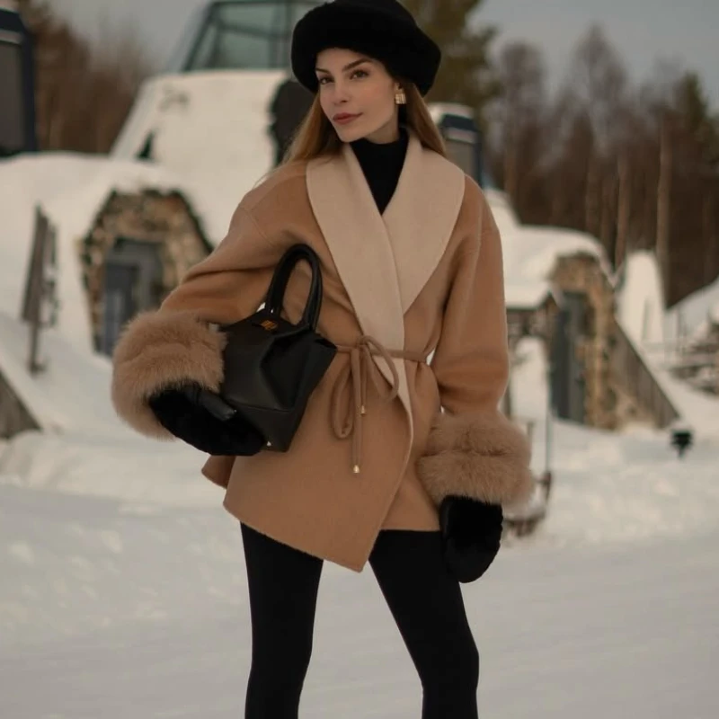 TARUXY Lace-Up Woolen Faux Fur Coat Women Elegant Loose Plush Long-Sleeved Double-Faced Woolen Coat Winter Fashion Commuter Wear