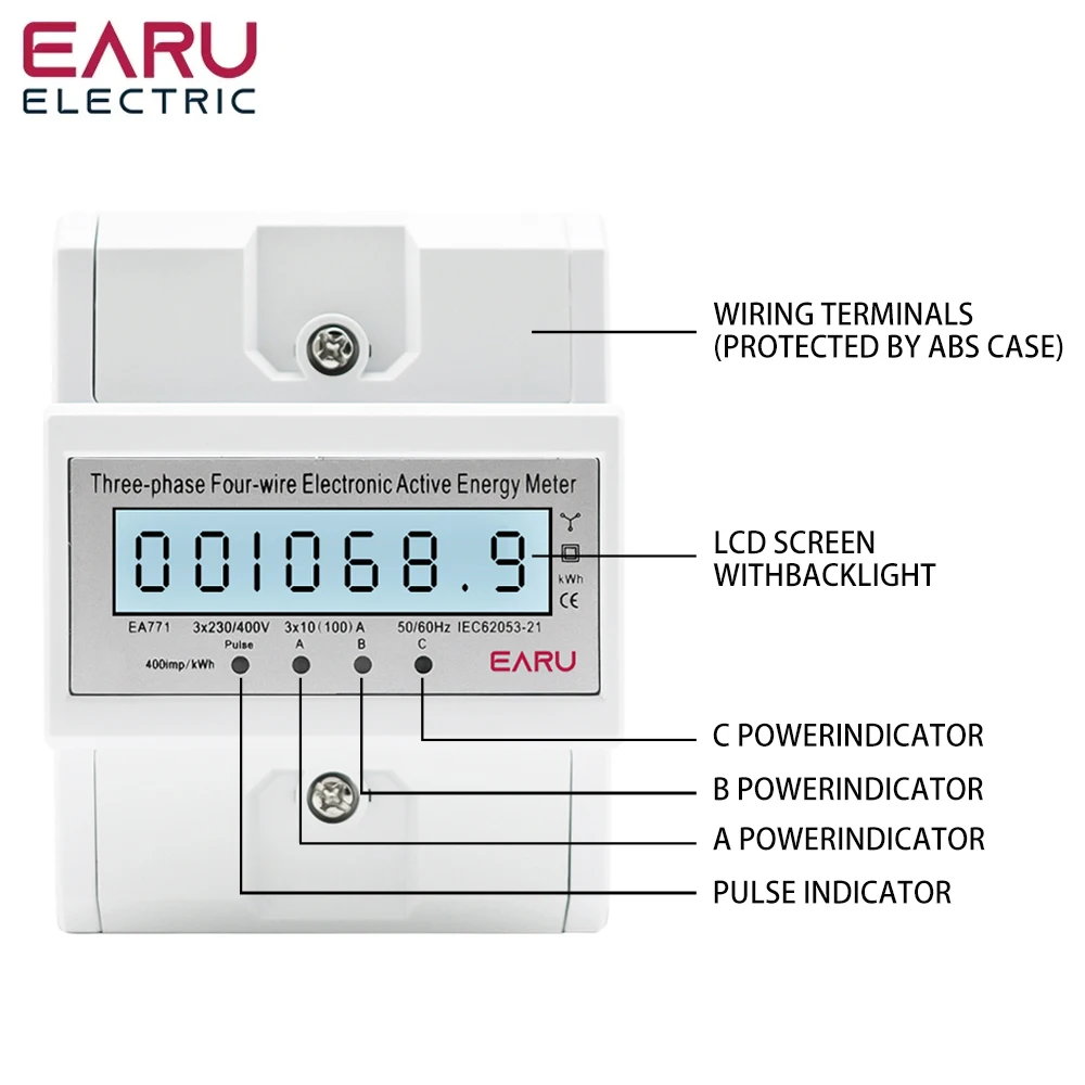 Three Phase Four Wires Eelectronic Active Energy Meter kWh Power Consumption Monitor DIN Rail 50/60Hz 3*5(100)A 50/60Hz  LCD LED