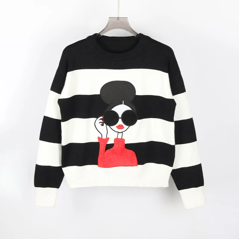 Patch Alice Olivia Knit Sweater Contrast Stripe Pullover Women Long Sleeves Tops Autumn Winter Coat Knitwear Fashion Clothing