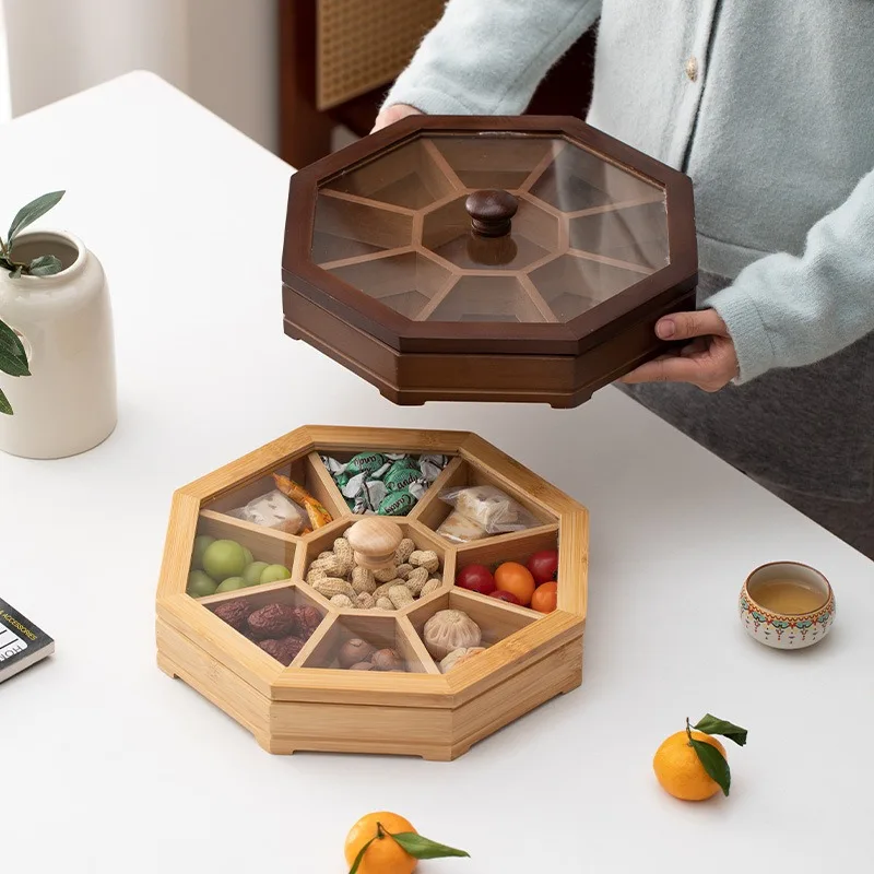 New light luxury household bamboo octagonal with cover, living room refreshments, heart snacks, fruit plate